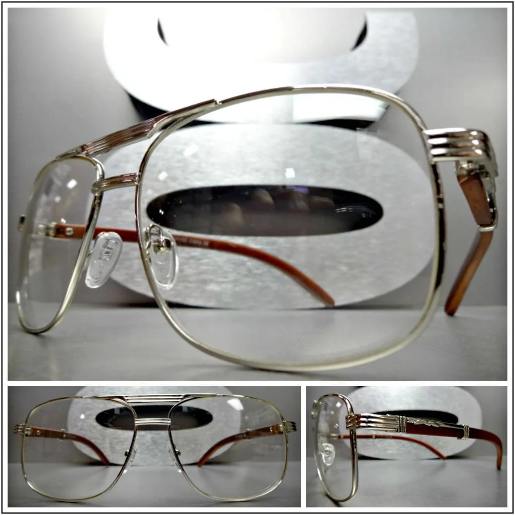 CLASSIC VINTAGE Style Clear Lens EYE GLASSES Silver & Wood Wooden Fashion Frame