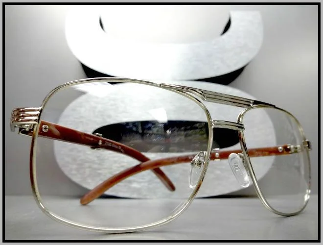 CLASSIC VINTAGE Style Clear Lens EYE GLASSES Silver & Wood Wooden Fashion Frame 2